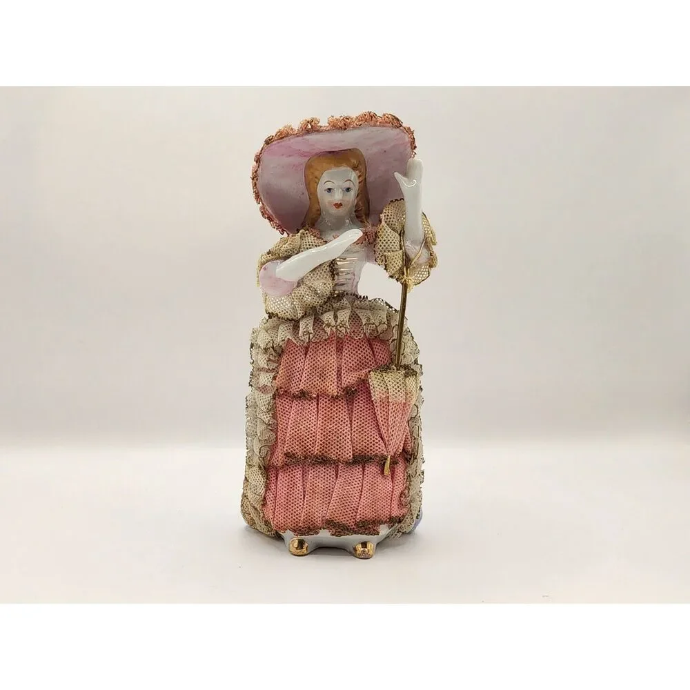 Vintage Porcelain Lace Lady Figurine Pink Dress Hat Parasol Japan 5 inches